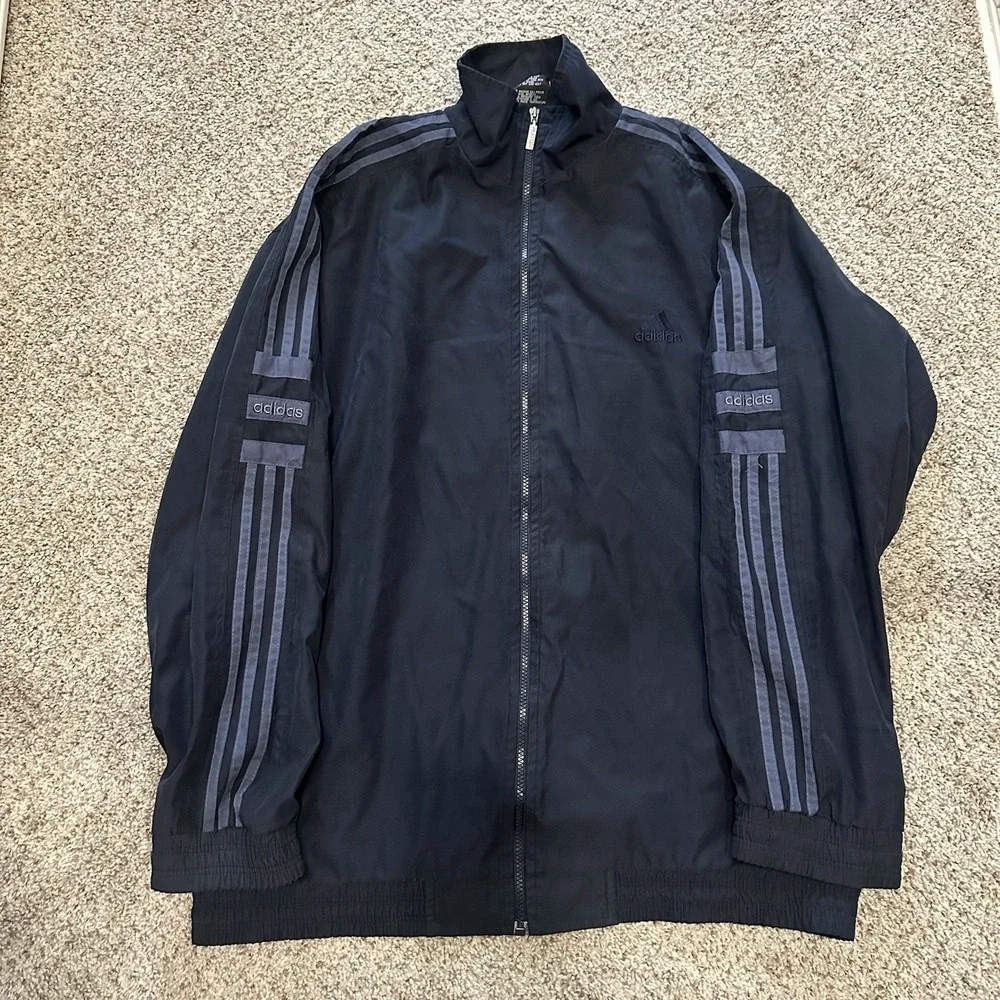 Vintage Adidas Mens Overcoat Track Jacket XL Dark Blue Preowned 90s Embroidered